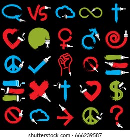 Vector hand-drawn symbols collection created with painting brush, different graphic elements isolated. Colorful icons made on religion, love, communication and business themes.