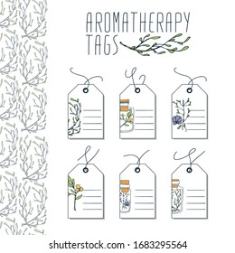 Vector hand-drawn tags  with transparent bottles of essential with fresh herbs and flowers