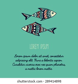 Vector hand-drawn template with fishes. 