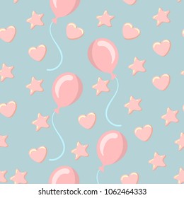 Vector hand-drawn texture with hearts, stars and balloons.