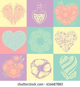 Vector handdrawn thankful collection. Light elements on pastel background. Doodles spring template art collection.
