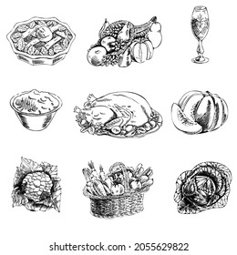 Vector hand-drawn thanksgiving Illustration. Vintage style. Retro food menu. Vintage sketch.