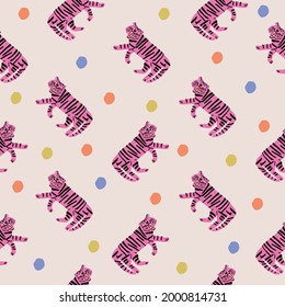 Vector hand-drawn tiger and colorful polka dots illustration motif seamless repeat pattern digital file artwork home decor print fashion fabric surface design textile
