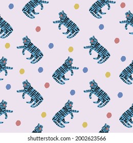 Vector hand-drawn tiger and colorful polka dots illustration motif seamless repeat pattern digital file artwork home decor print fashion fabric surface design textile