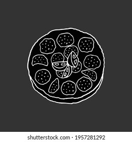 Vector hand-drawn tortilla. Spanish cuisine dish. Design sketch element for menu cafe, bistro, restaurant, bakery, label and packaging. Illustration on a white background.