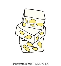 Vector hand-drawn turron. Spanish dessert. Design sketch element for menu cafe, bistro, restaurant, bakery, label and packaging. Colorful illustration on a white background.