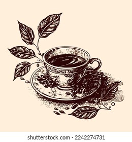 Vector hand-drawn vintage cup of coffee