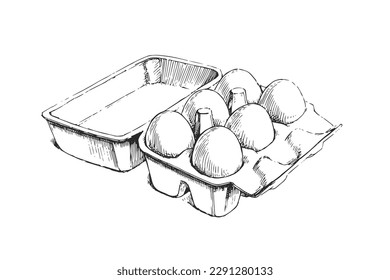 Ilustración vintage con vectores de una caja de cartón con seis huevos blancos al estilo de grabado. Un boceto de un producto natural fresco en un paquete.