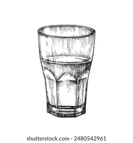 Vektorgrafik Handgezeichnete Vintage-Illustration eines Glases Wasser im Stil einer Gravur. Skizze einer mit Flüssigkeit gefüllten Zuhälfte