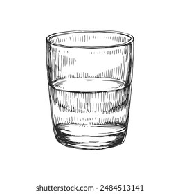 Vector hand-drawn vintage illustration of a glass of water in the style of an engraving. A sketch of a tumbler half filled with liquid