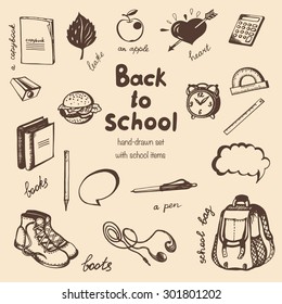 Vector hand-drawn  vintage  set with school items: books, notebook, pen, ruler and clock, boots, heart, school bag, calculator, apple, burger, headphones and arrow   in sketch style.