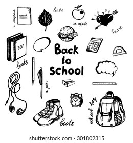 Vector hand-drawn  vintage  set with school items: books, notebook, pen, ruler and clock, boots, heart, school bag, calculator, apple, burger, headphones and arrow   in sketch style.