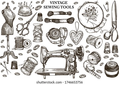 Vector Hand-drawn vintage sewing kit. Sewing machine,needle,stitching,mannequin,scissors,buttons,needle spoon,embroidery elements,meter,tailor.Graphic elements in sketch style on white background