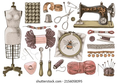 Vector Hand-drawn vintage sewing kit. Sewing machine, needle, stitching, mannequin, scissors, buttons, needle spoon. Graphic elements isolated on white background. Vector illustration