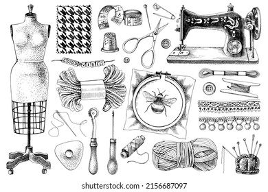 Vector Hand-drawn vintage sewing kit. Sewing machine, needle, stitching, mannequin, scissors, buttons, needle spoon. Graphic elements isolated on white background. Vector illustration