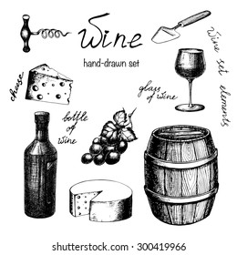 Vector hand-drawn vintage wine set in sketch style. The bottle of wine, glass of wine, wine barrel, cheese, grape, corkscrew, cheese knife. Wine elements for design.