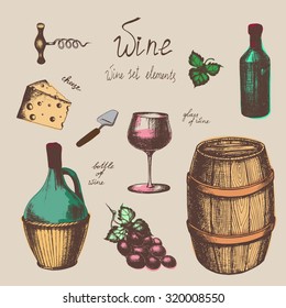 Vector de vinos vintage de estilo boceto. La botella de vino, de vino, de vino, de queso, de uva, de cordero, de queso. Elementos de vino para el diseño.