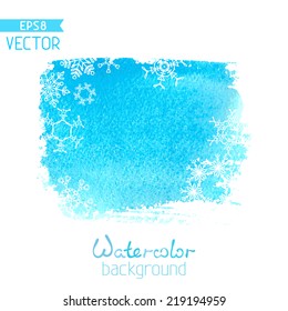 Vector hand-drawn watercolor background. White snowflakes on blue brush stroke on white background. There is place for your text.
