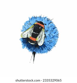 Vector hand-drawn watercolor bee on the  blue flower