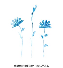 vector handdrawn watercolor flower, three blue watercolor flowers on white background