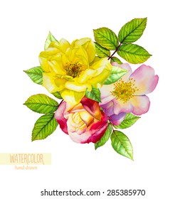 Vector hand-drawn watercolor illustration. Bouquet of roses and leaves isolated on a white background. 