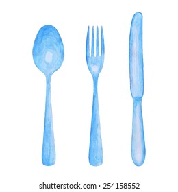 Vector hand-drawn watercolor painted spoon, knife and fork isolated on white background. Great for menu decoration, cafe interior decor and more.