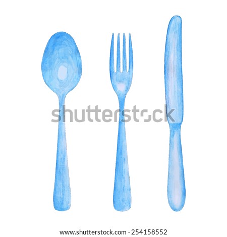 Vector hand-drawn watercolor painted spoon, knife and fork isolated on white background. Great for menu decoration, cafe interior decor and more.