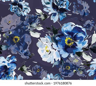 vector - Hand-drawn watercolor seamless summer floral pattern in navy blue, gray and white. Suitable for the needs of invitations, weddings, and other design needs.