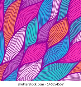 Vector hand-drawn waves texture, wavy background.  Backdrop template design. Looks like leaf, water waves, hairs. Colorful abstract sea composition. Maritime. Tangled design.