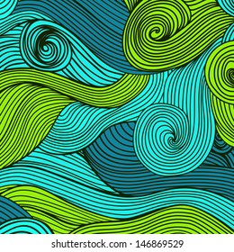 Vector hand-drawn waves texture, wavy background.  Backdrop template design. Looks like leaf, water waves, hairs. Colorful abstract sea composition. Maritime. Tangled design.