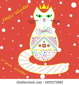 Vector handdrawn winter with decorative princess cat, hearts,meow,text on a coral background. Romantic design with decorative cat.Greeting postcard, banner, t shirt print. Winter design.