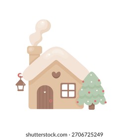Vector hand-drawn winter house with snow-covered roof, chimney smoke, heart above door, tree and lantern. Soft pastel tones on white background. Ideal for festive clipart, greeting cards, cozy