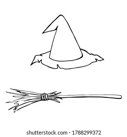 Vector hand-drawn witch hat and broom for Halloween or Carnaval print. Cute holiday set of accessories of witches in a cartoon style. 