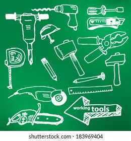 Vector hand-drawn working tools set on chalkboard illustration