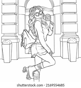 Vector hand-drawn young girl in retro roller skates. Old school style 70s. Coloring page for adults.