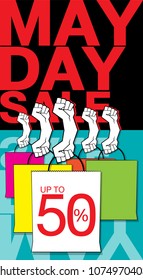VECTOR - handful on black background with words may day sale in red color
and hands carry a shopping bag show words up to 50% on blue background with flip text, labour day.