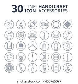 Vector handicraft accessories. Line art set of accessories for sewing and handmade.
