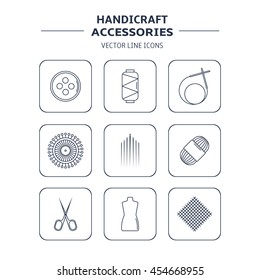 Vector handicraft accessories. Line art set of accessories for sewing and handmade.