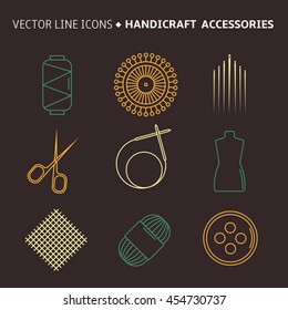 Vector handicraft accessories. Line art set of accessories for sewing and handmade.
