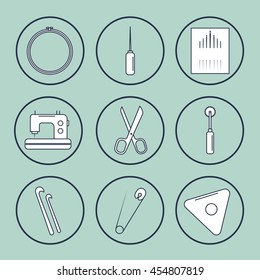 Vector handicraft accessories. Line art set of accessories for sewing and handmade.