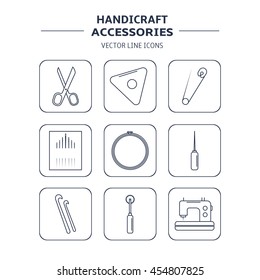 Vector handicraft accessories. Line art set of accessories for sewing and handmade.