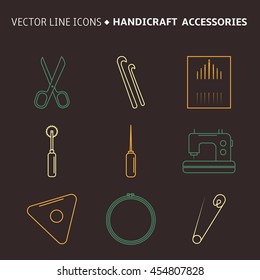 Vector handicraft accessories. Line art set of accessories for sewing and handmade.