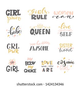 Vector with hand-lettering phrases - stylish prints for posters or t-shirts - feminism quotes and woman motivational slogans - women can, you go girl, girl power