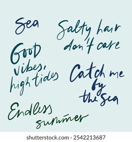 Frase curta com letras à mão sobre oceano, mar e verão. Letras vintage escritas à mão isoladas sobre fundo azul. Ilustração para design, impressão, tecido ou fundo.