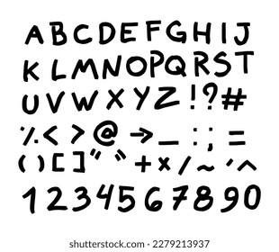 Vector handmade alphabet. Letters and numbers with irregular shapes, fun characters, loose lettering, typography in black isolated on white background. A to Z, 0 to 9, abc font set design.