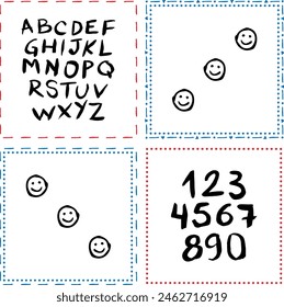 Vector handmade alphabet. Letters and numbers with irregular shapes, fun characters, loose lettering, typography in black isolated on white background. A to Z, 0 to 9, abc font set design.