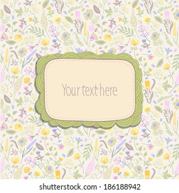 Vector handmade card on seamless  floral background.