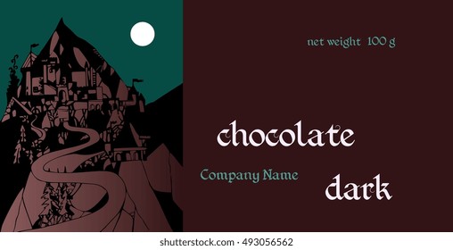Vector handmade chocolate packaging design. Template with town in the mountains  - 1.