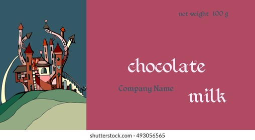 Vector handmade chocolate packaging design. Template with romantic castle. 