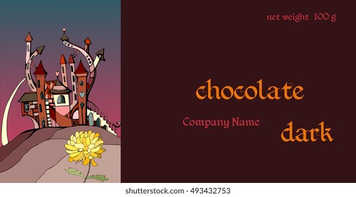 Vector handmade chocolate packaging design. Template with romantic castle and yellow flower.